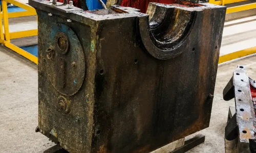 Molde metálico industrial de gran tamaño en una nave con barandillas amarillas y estructura azul.